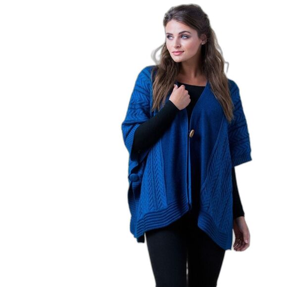 Simply Natural Trenza Capa Baby Alpaca Wool Teal Blue Ruana Cape Style Sweater - Picture 2 of 12